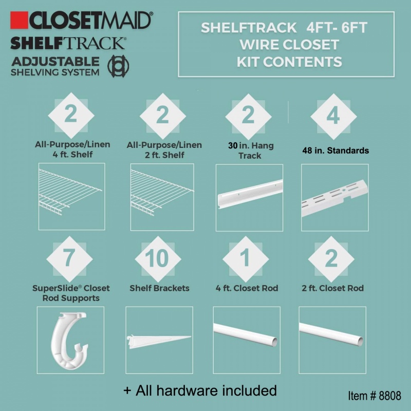 Adjustable ShelfTrack Organiser Kit 8808, 1.22m (4') up to 1.83m (6') wide